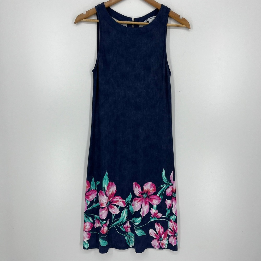 Tommy Bahama Womens XS Navy Blue Floral Border Print Sleeveless Shift Dress